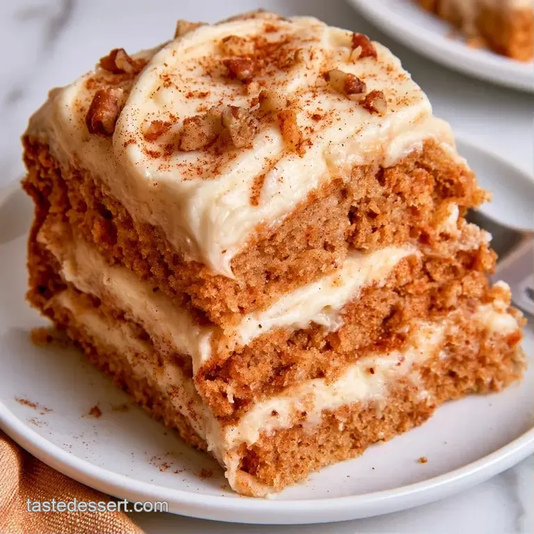 Tall slice of moist cinnamon-brown cake with thick layers of velvet white frosting on an elegant white porcelain plate