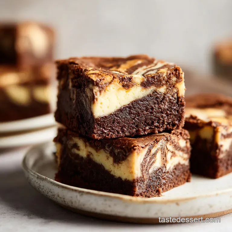 A rich, fudgy brownie square with a delicate cheesecake swirl, artfully cut and plated.