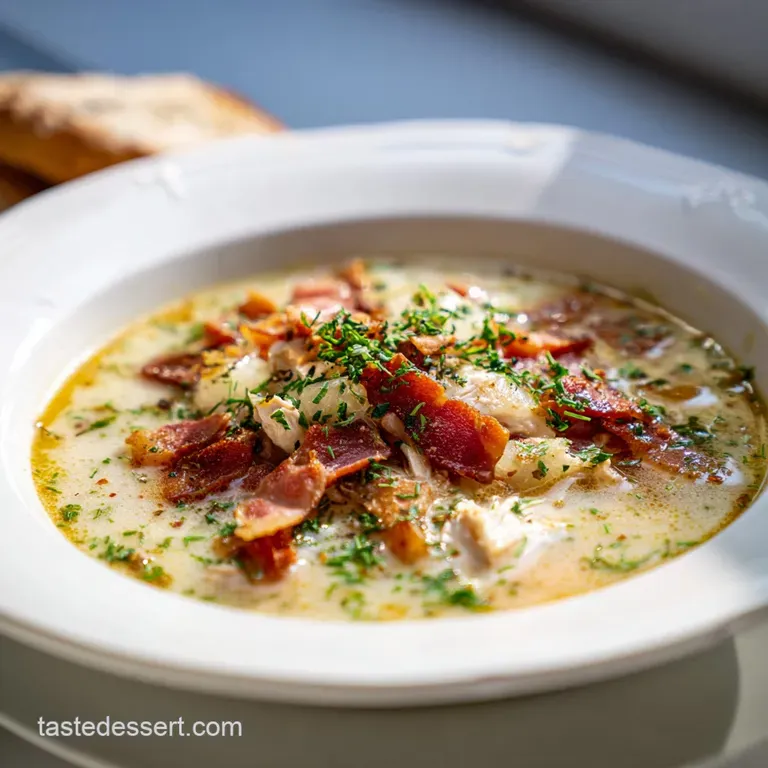 A rustic bowl of hearty chicken soup, generously topped with golden bacon bits and fresh green herbs.