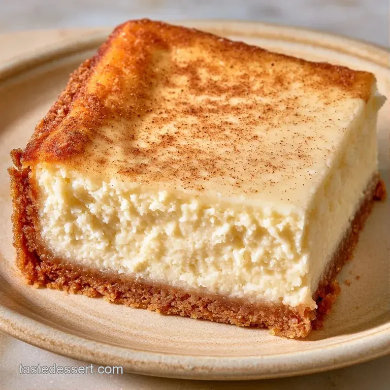 A slice of orange-hued cheesecake on a minimalist white plate, topped with whipped cream and a cinnamon stick.