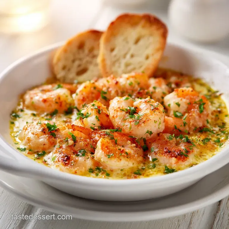 Warm, creamy shrimp appetizer with a golden crust, artfully arranged with toasted baguette slices.