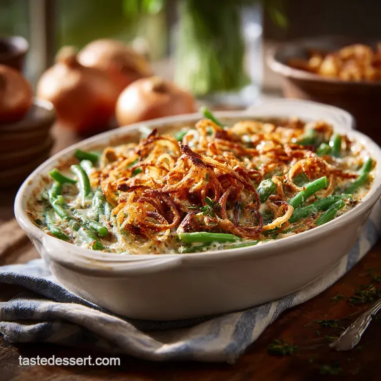Creamy Green Bean Casserole: Ultimate Recipe with Homemade Crispy Shallots presentation