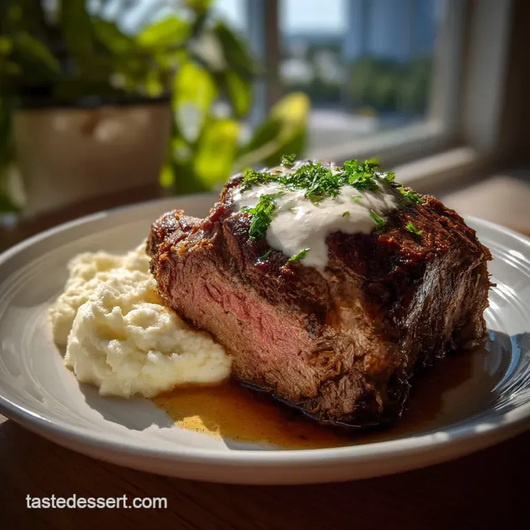 Elegant white plate showcasing a vibrant red prime rib slice, generously topped with a dollop of creamy, white horseradish...