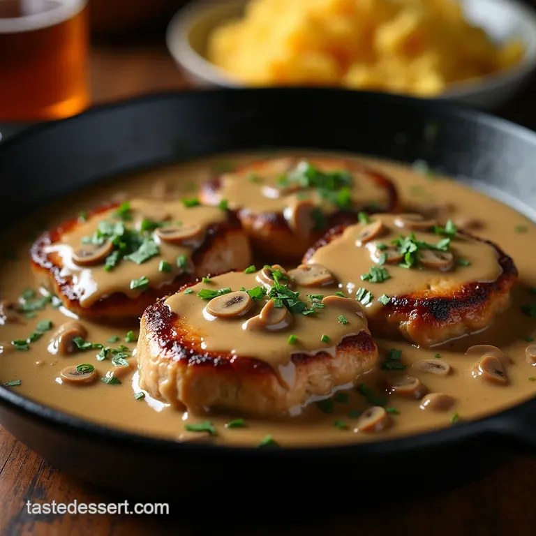 Skillet Perfection Juicy Smothered Pork Chops in Rich Creamy Mushroom Gravy presentation