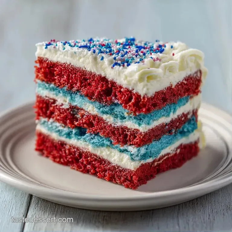 A slice of red, white, and blue layered cake on a white porcelain plate with a side of fresh blueberries.