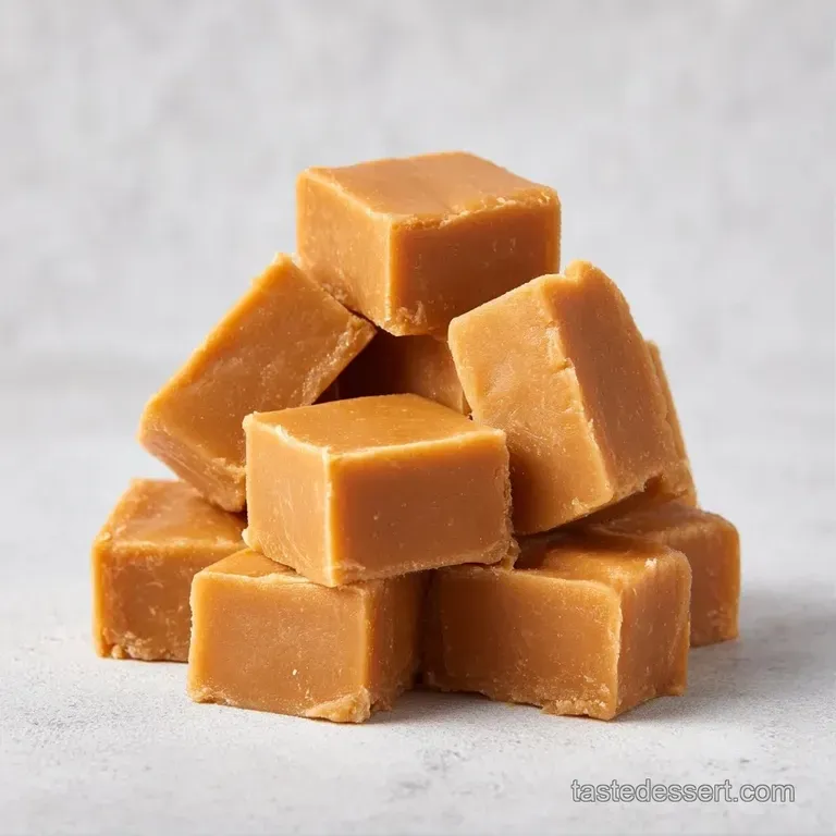 Small squares of dense, caramel-colored fudge stacked on a slate board with a sprinkle of sea salt crystals.