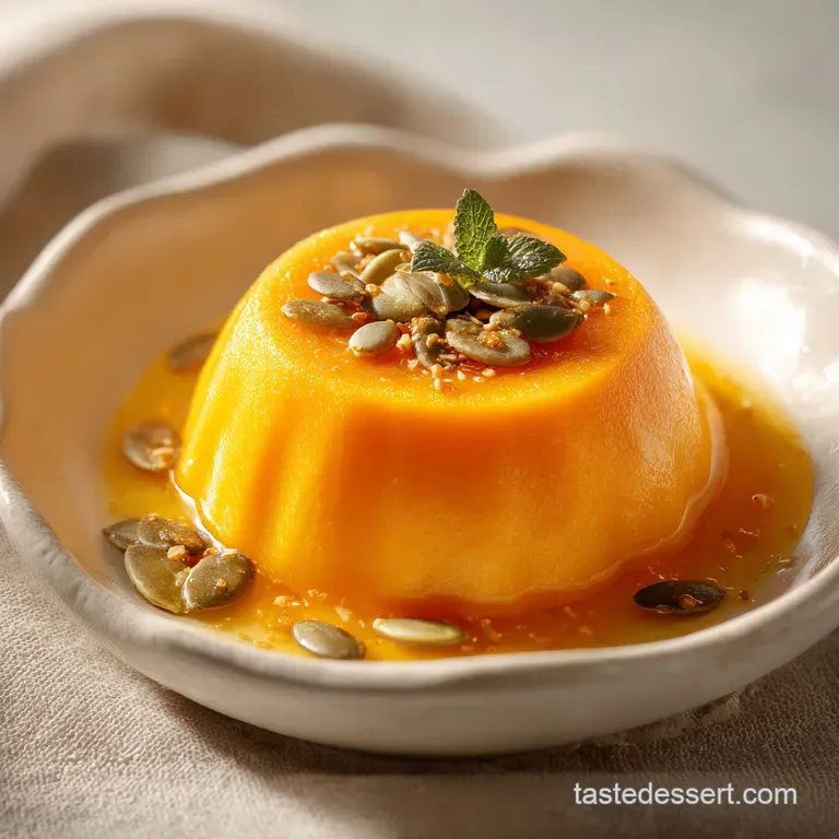 A delicate pumpkin mousse served in an elegant glass coupe, dusted with cinnamon and adorned with a candied ginger.