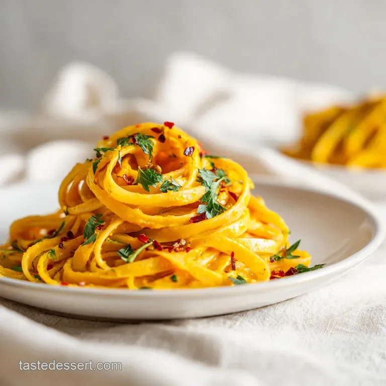 Creamy pumpkin pasta elegantly plated, garnished with fried sage leaves and a drizzle of olive oil, creating a warm, invit...