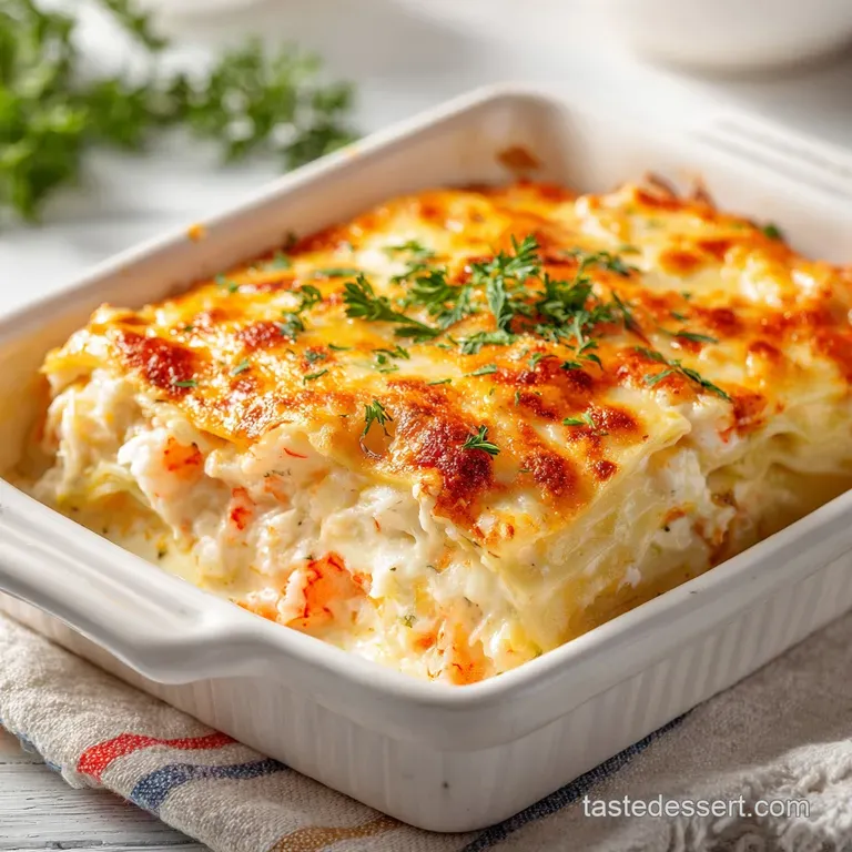 A generous slice of seafood lasagna, revealing tender pasta, plump shrimp, and rich crab, served with a hint of parsley.