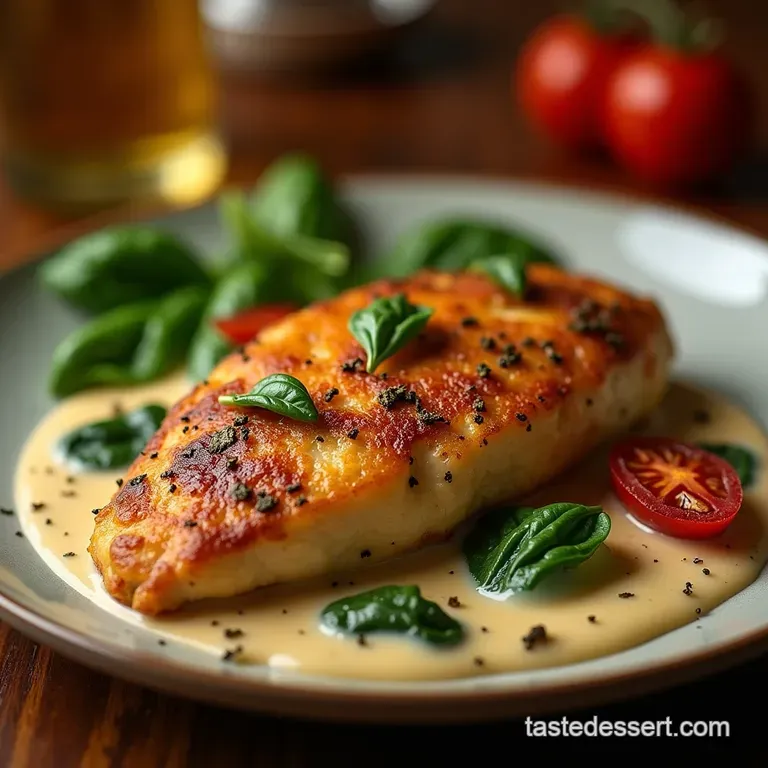 Golden Panseared Tuscan Chicken in Sundried Tomato Spinach Cream Sauce presentation