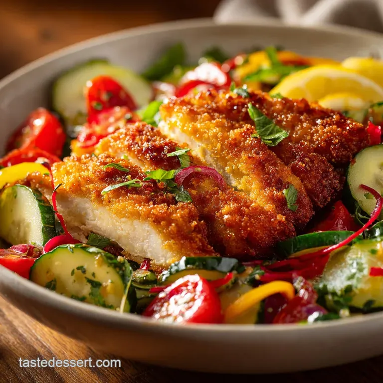 The Crispy Compromise Air Fryer Chicken Milanese with Zesty Mediterranean Sunshine Salad presentation