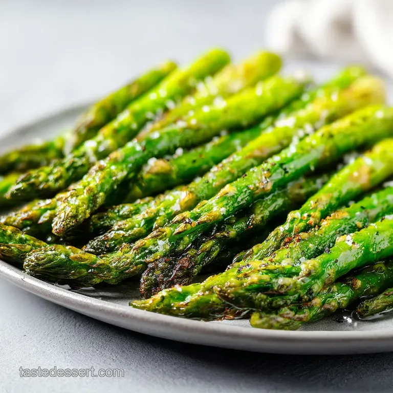 Tender-crisp asparagus spears artfully arranged on a white plate, drizzled with olive oil and a sprinkle of sea salt.