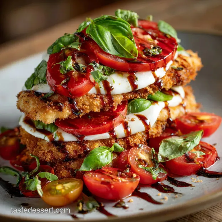 Crispy Chicken Cutlet Caprese Salad with Balsamic Vinaigrette presentation