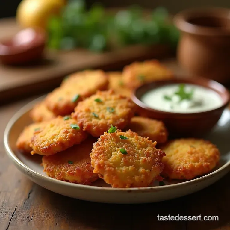 Golden Crunch Chicken Fritters with Zesty Herb Dip presentation