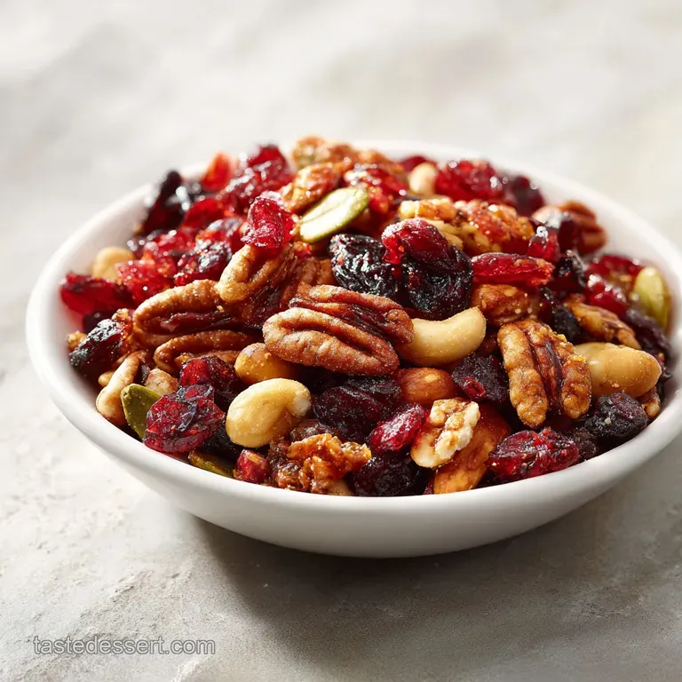 Trail mix elegantly arranged in a glass bowl; a tempting mix of colors, textures, and inviting flavors.