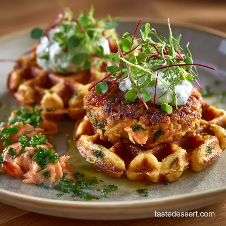 Crispy Salmon Cakes on Savoury Dill Waffles with Lemon Cr&egrave;me Fra&icirc;che presentation