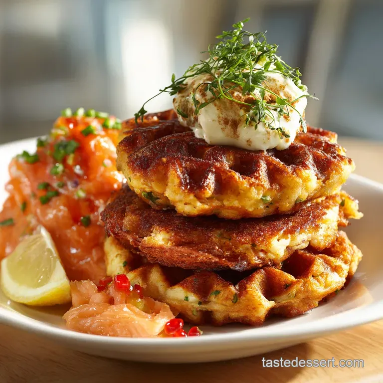 Crispy Salmon Cakes on Savoury Dill Waffles with Lemon Crème Fraîche
