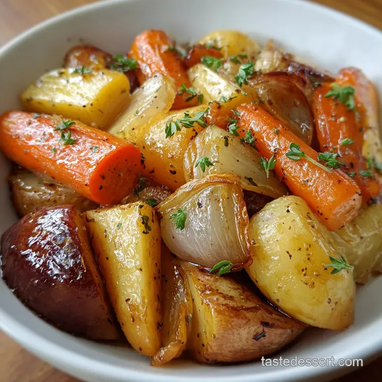 Tender, jewel-toned root vegetables with a glossy sheen, elegantly plated with a sprig of fresh herbs, creating a festive ...