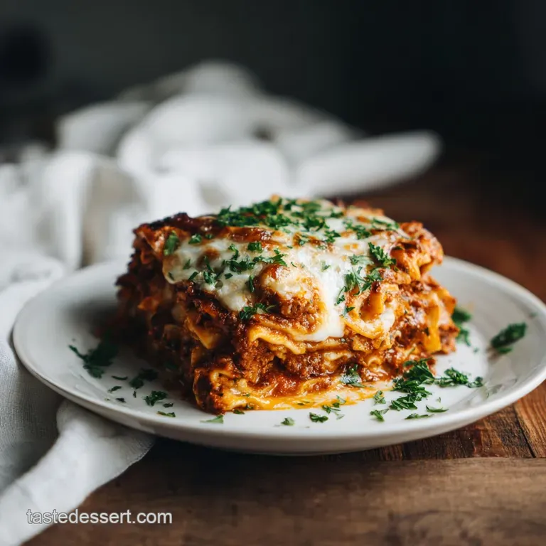 Slice of lasagna with layers of melted cheese, rich red sauce, and creamy ricotta, plated beautifully with fresh herbs.
