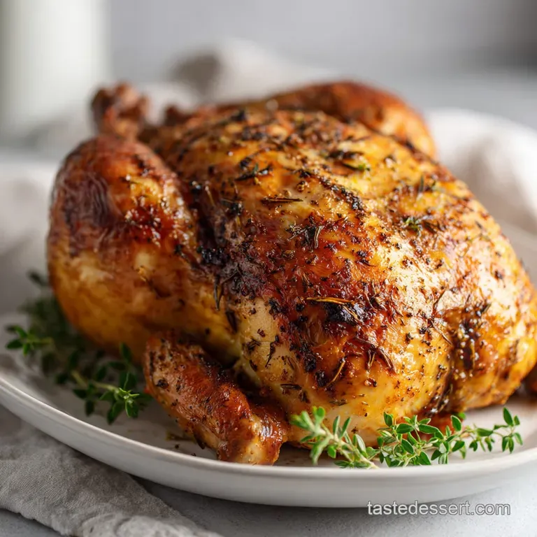 Perfectly carved rotisserie chicken, glistening skin, arranged on a white platter with fresh thyme sprigs. Tender, moist.