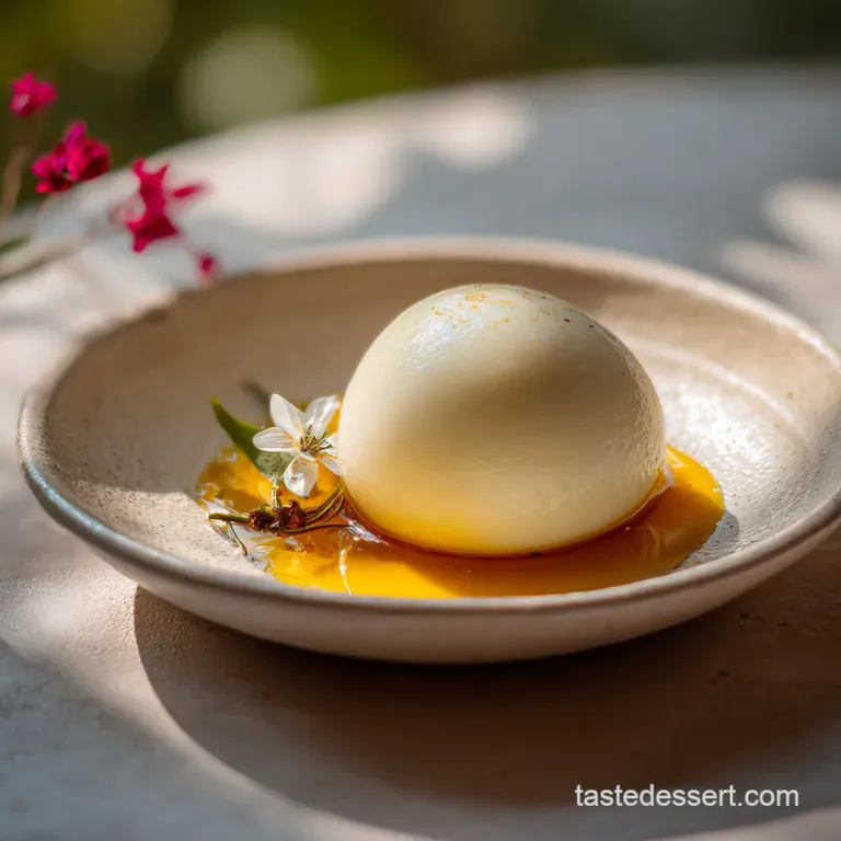 Elegant dessert plate showcasing a creamy white vanilla swirl, nestled amongst soft, syrup-soaked rasgulla. Garnished with...