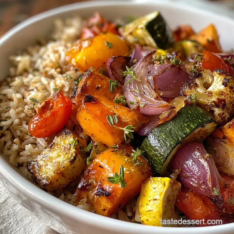 Elegant plating of brown rice and vibrant roasted vegetables, glistening with olive oil, garnished with fresh herbs on whi...
