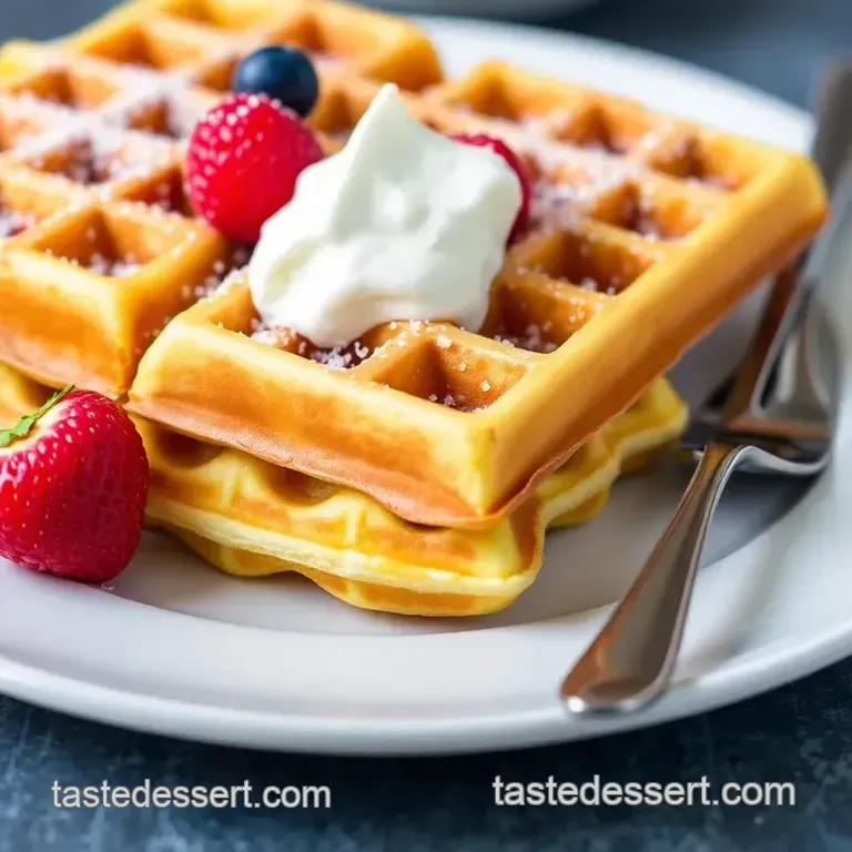 Decadent Belgian Waffles with Whipped Cream and Seasonal Berries presentation