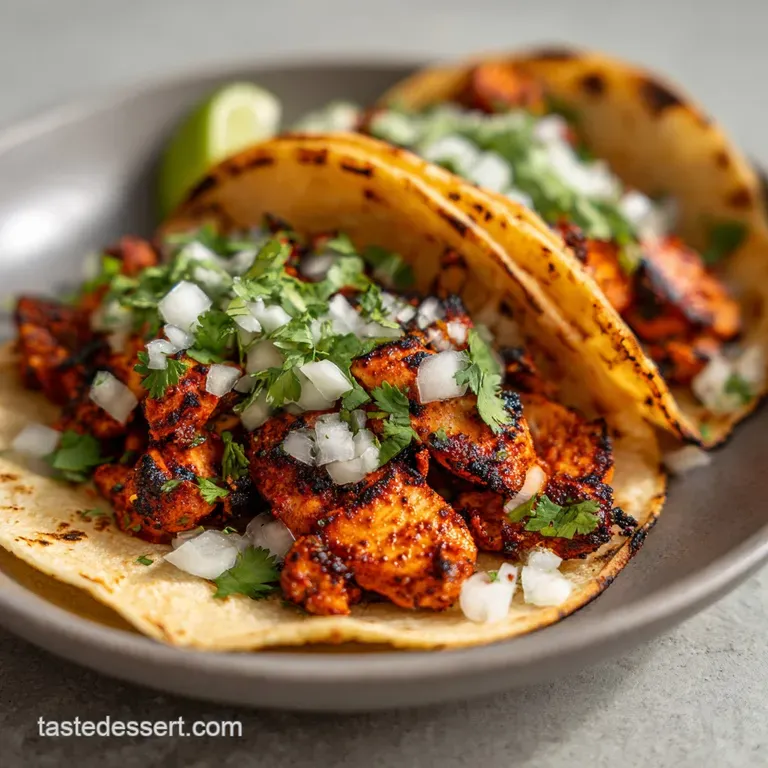 Three small tacos lined up on a rustic wooden board with fresh lime wedges and a bowl of vibrant green salsa.