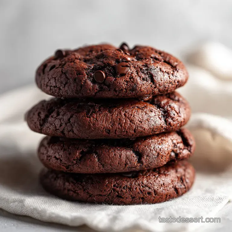 Three thick, chewy chocolate cookies artfully arranged on a white plate with a dusting of cocoa.