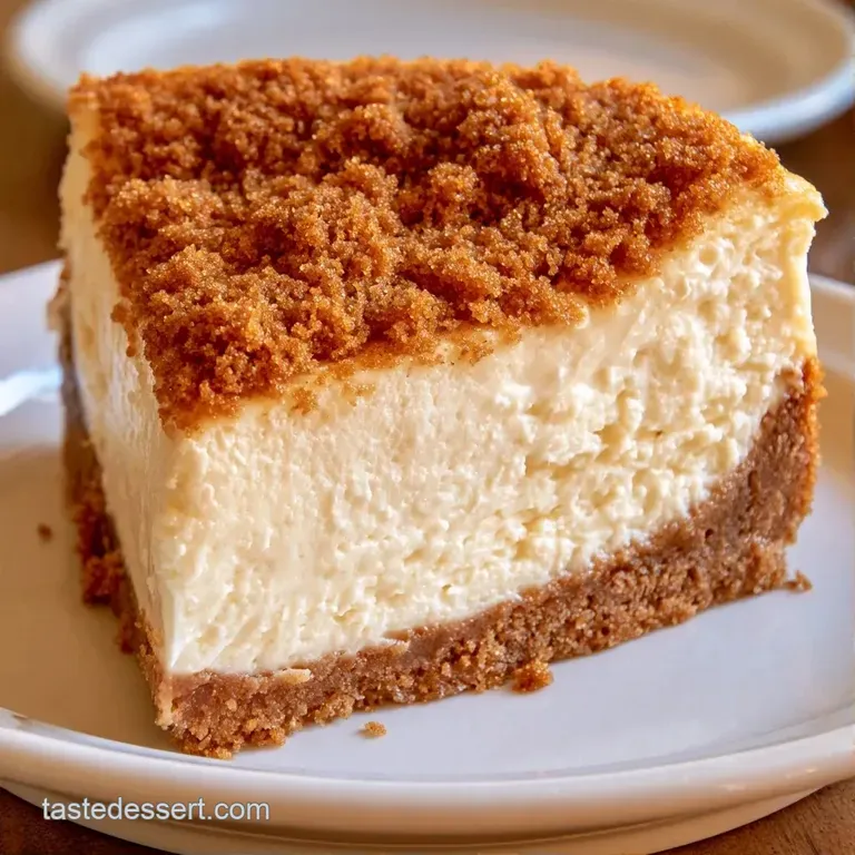 A precise slice of tiered creamy cake on a white plate with a gold fork and a drizzle of amber caramel sauce.