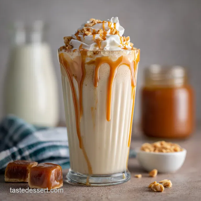 A frosted glass showcases the light brown hue of the dulce de leche milkshake, garnished with a sprinkle of coarse sea sal...