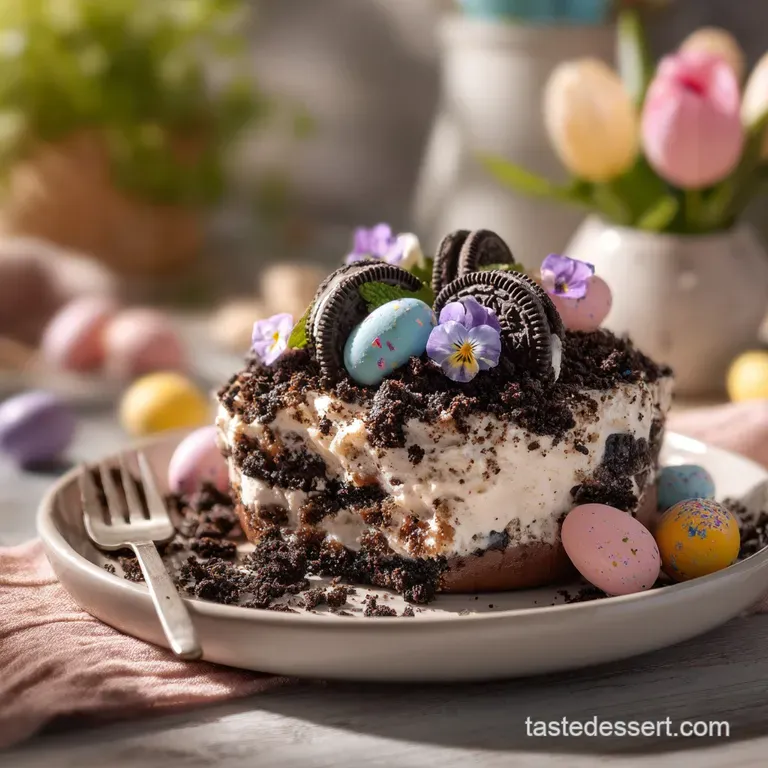 A single serving of dirt cake with vibrant green pudding, crushed cookies, and colorful candy worms.