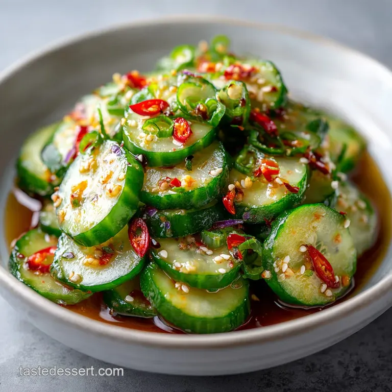Bright green cucumber ribbons artfully arranged on a white plate, sprinkled with sesame seeds and chili flakes.