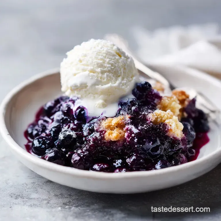Warm blueberry cobbler in a rustic bowl, dusted with powdered sugar, paired with a scoop of melting vanilla ice cream.