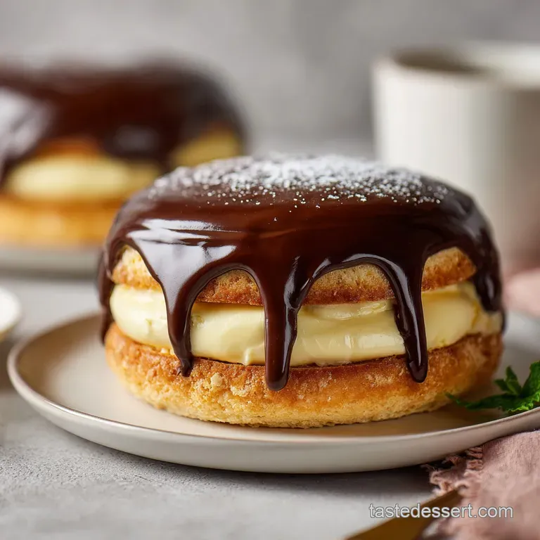A perfect slice of Boston cream pie with smooth custard and rich chocolate glaze, artfully plated.