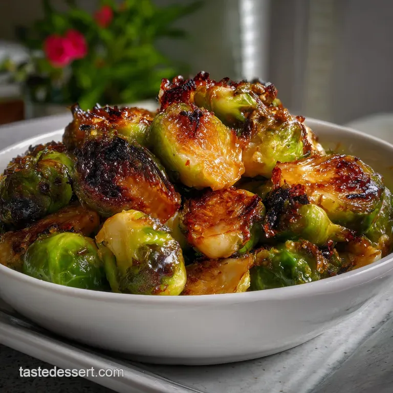 Vibrant green Brussels sprouts artfully arranged on a white plate, drizzled with a rich, glossy glaze for an elegant touch.