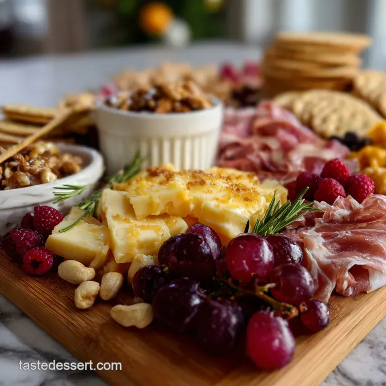 Elegant arrangement of meats and cheeses on a wooden board with grapes and nuts, creating a visually appealing and invitin...