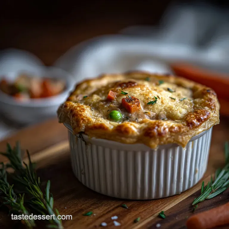Individual chicken pot pie in a ramekin; steamy filling with visible chunks of chicken & vegetables under a golden, crusty...