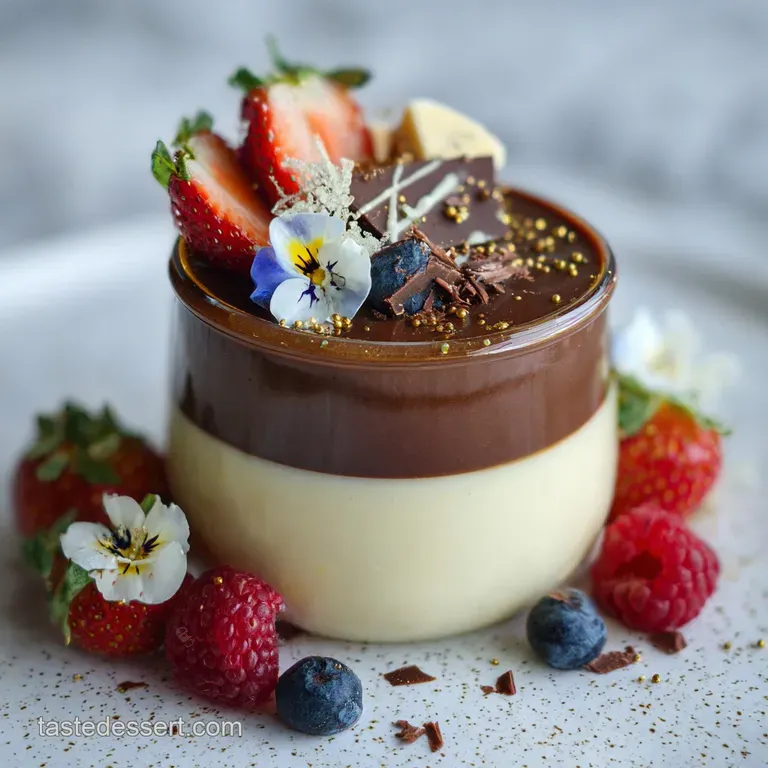 Elegant chocolate parfait: layers of dark chocolate, cream, and crumbs in a tall glass. Drizzled chocolate sauce adds shine.