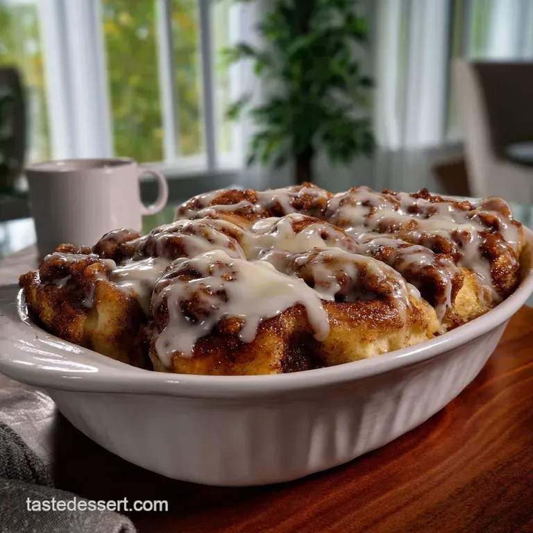 Individual portions of cinnamon roll casserole, drizzled with vanilla icing and a sprinkle of cinnamon, served on a white ...