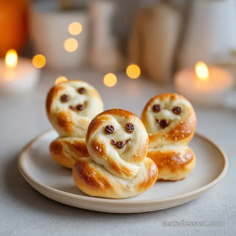 Close-up of a spooky ghost pretzel on a decorative Halloween plate. The white chocolate is smooth, and the eyes are playfu...
