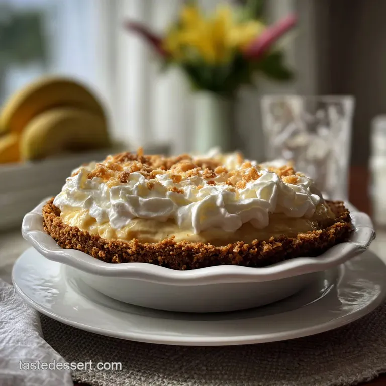 Fluffy whipped cream topping a slice of banana cream pie. Golden crust, creamy custard, and fresh banana slices create a t...