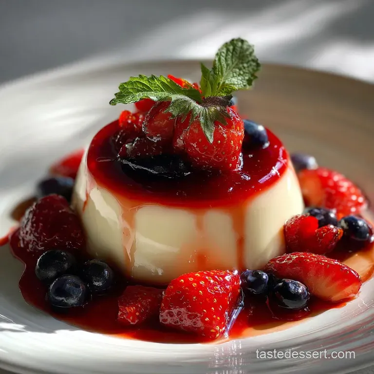 Elegant panna cotta, delicately wobbling on a plate. Garnished with mint and drizzled with amber caramel for a sophisticat...