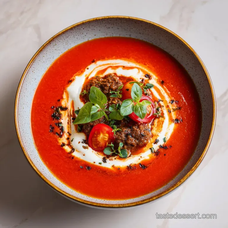 Rich red tomato soup in a white bowl, topped with a dollop of white ricotta cheese and a fresh green basil leaf.