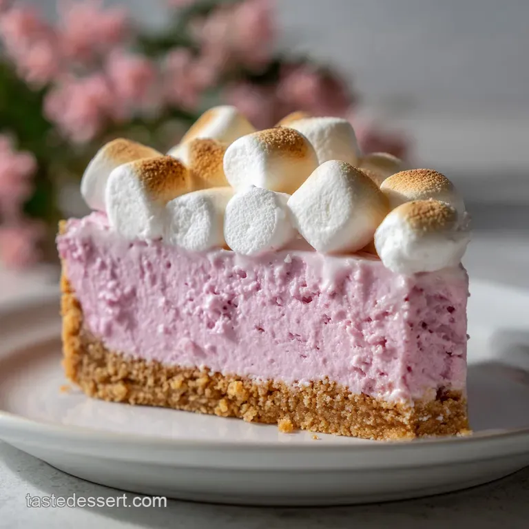 Slice of rich cheesecake with toasted marshmallow swirls, dusted with cocoa powder and adorned with fresh raspberry.