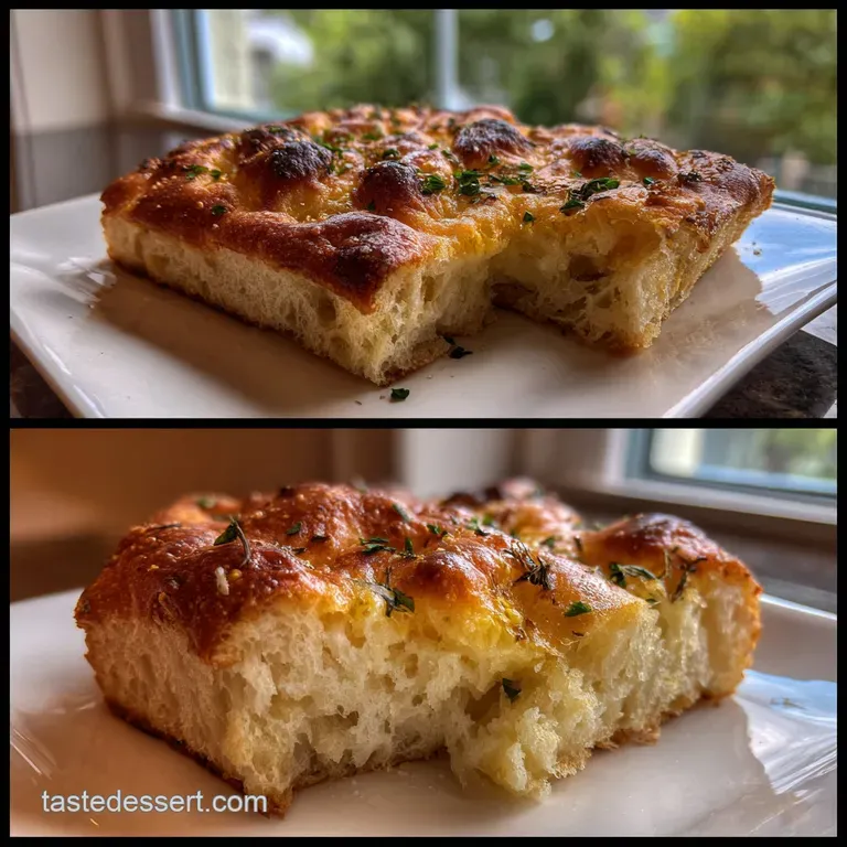 Golden-brown, bubbly focaccia with a crisp crust, resting on a rustic wooden board, garnished with coarse sea salt and herbs.