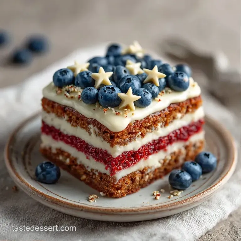 A neat square slice of white cake topped with red and blue swirls, presented on a white plate with a silver fork.