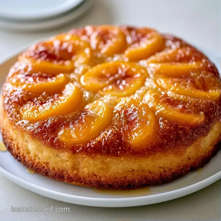 A slice of moist yellow cake topped with a glazed peach half on a white ceramic plate with a mint leaf garnish.