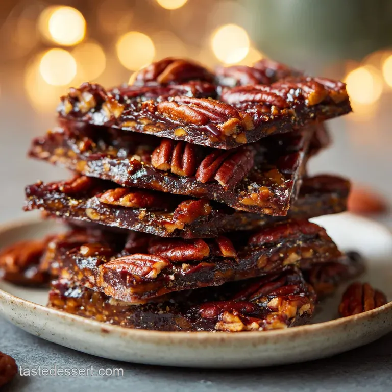 Broken shards of pecan pie bark artfully arranged on a slate board with a dusting of powdered sugar.