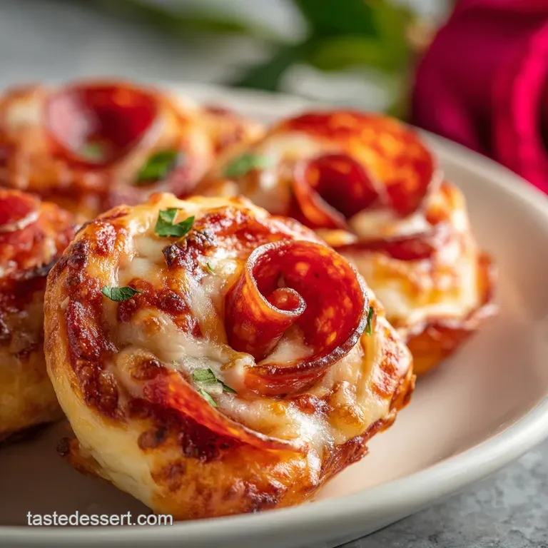 Slice of Valentine's pizza rose with visible pepperoni and cheese layers. Soft, flaky crust and slightly charred edges.
